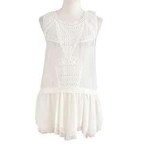 FREE PEOPLE WHITE SLEEVELESS EMBROIDERED EYELET CHIFFON PANEL TUNIC TANK TOP - S